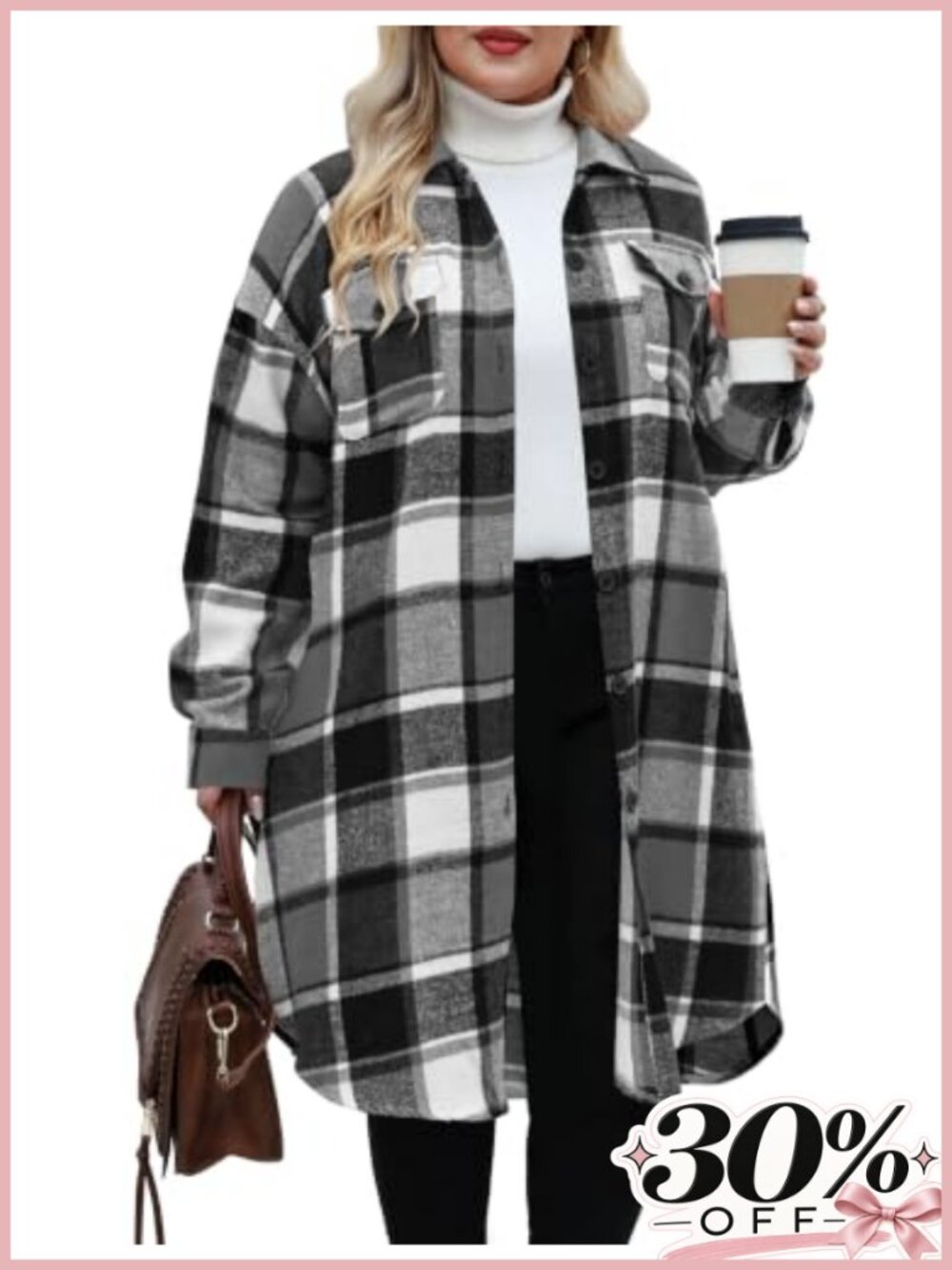 Womens Plus Size Flannel Plaid Shacket Button Down Long Sleeve